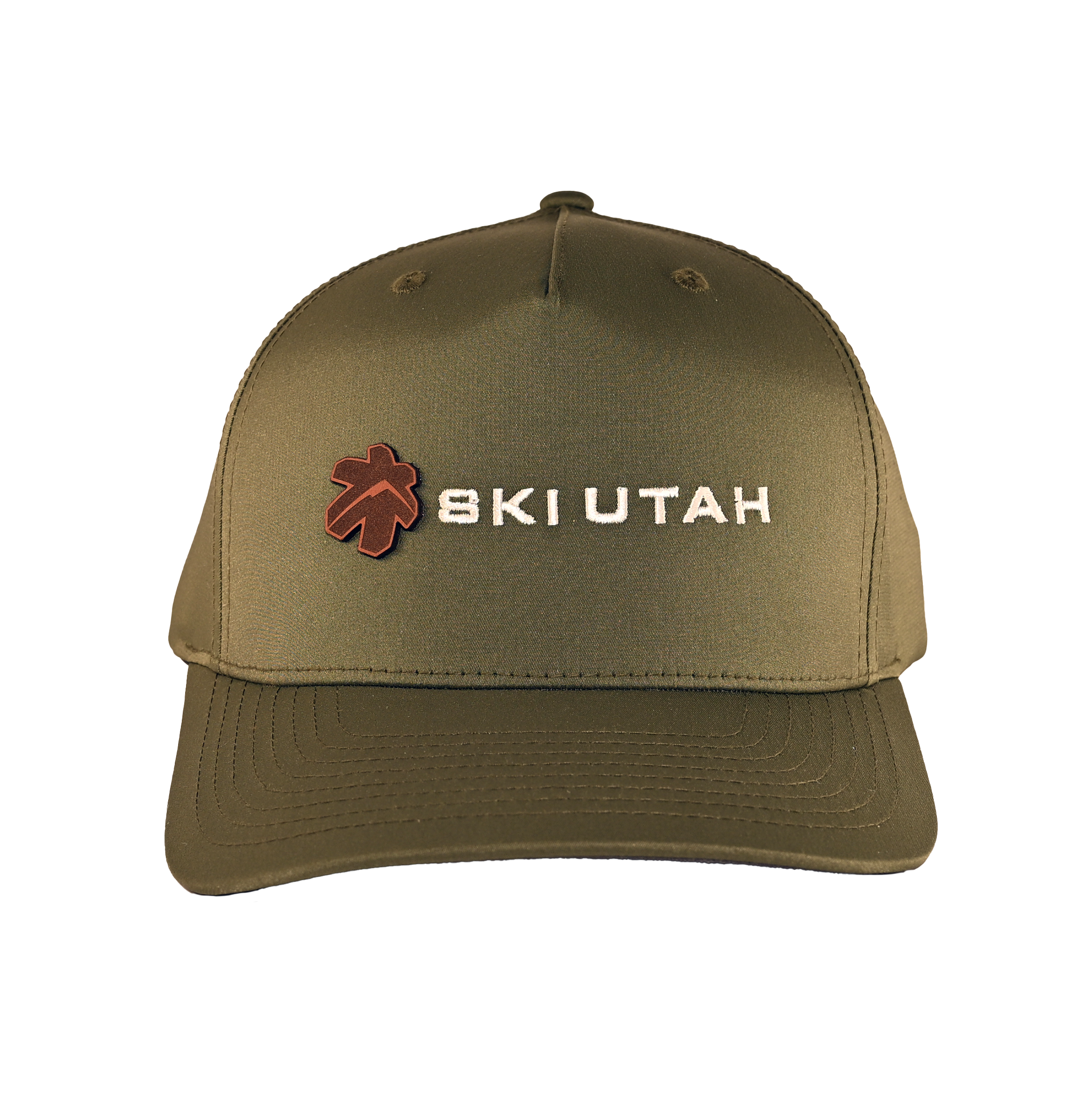 Ski Utah Logo Leather Patch/Embroidery Combo Snapback Perforated Performance Olive Hat